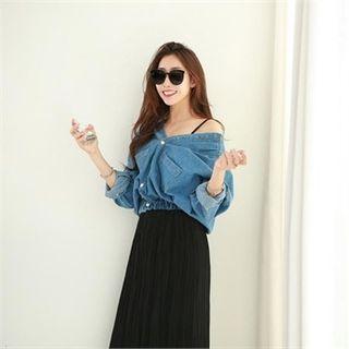 V-neck Band-waist Denim Jacket