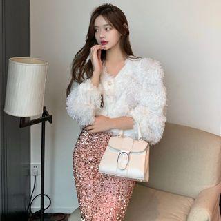 Fringed Cardigan / Glittered Slim-fit Skirt