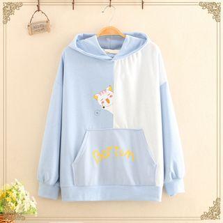 Pocket-detail Cat Print Color-block Hoodie