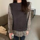 Mock Two-piece Knit Panel Plaid Blouse Gray - One Size
