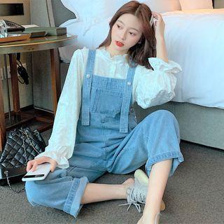 Balloon-sleeve Ruffled Blouse / Washed Denim Dungaree