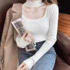 Long-sleeve High-neck Halter Knit Top