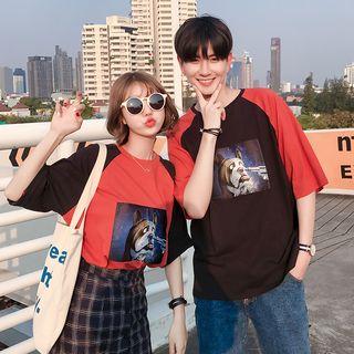 Couple Matching Dog Print Color Block Elbow-sleeve T-shirt
