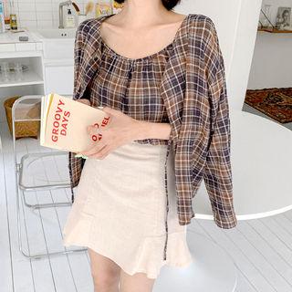 Set: Tie-neck Plaid Cardigan + Sleeveless Top