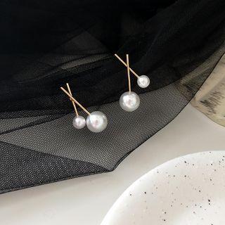 Faux Pearl Alloy Cross Earring 1 Pair - 925 Silver - Gold & White - One Size