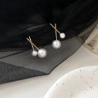 Faux Pearl Alloy Cross Earring 1 Pair - 925 Silver - Gold & White - One Size