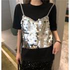Mock-two Sequined Loose-fit Short-sleeve Top / Glittered Slim-fit Skirt