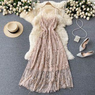 Open-back Sequin Fringe Spaghetti-strap Dress