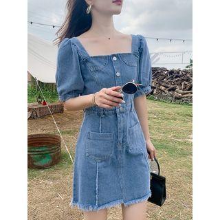 Fray Hem Puff-sleeve Mini A-line Denim Dress
