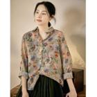 Long-sleeve Floral Shirt Blue & Red Flowers - Gray - One Size