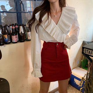 V-neck Ruffle-trim Plain Blouse White - One Size