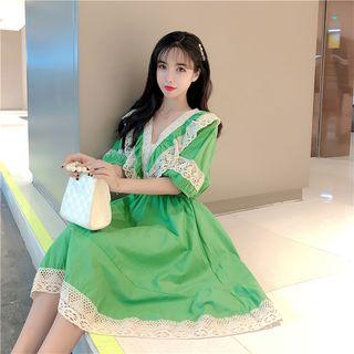 Elbow-sleeve Ruffled Lace Paneled A-line Dress