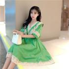 Elbow-sleeve Ruffled Lace Paneled A-line Dress