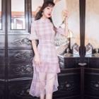 Set: Plaid Short-sleeve Qipao + Lace Midi Skirt