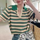 Short-sleeve Striped Knit Polo Shirt Stripes - Green - One Size