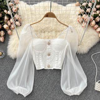 Square-neck Lace Panel Mesh Lantern-sleeve Top