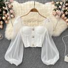 Square-neck Lace Panel Mesh Lantern-sleeve Top