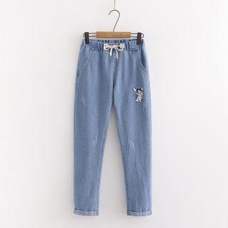 Drawstring-waist Cat Embroidered Skinny Jeans