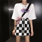 Crew-neck Printed Short-sleeve T-shirt / Front Zip Plaid A-line Skirt