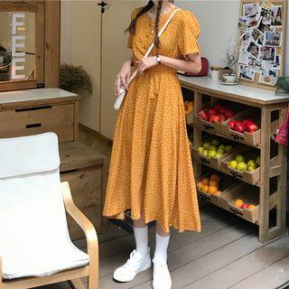 Dotted Short-sleeve A-line Midi Dress Yellow - One Size