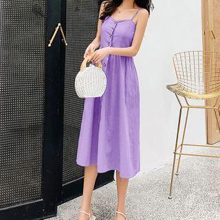 Spaghetti Strap Midi A-line Dress / Elbow-sleeve Light Jacket / Set