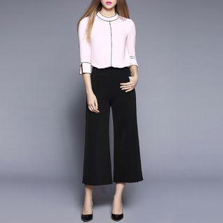 Set: Contrast Trim 3/4 Sleeve Top + Plain Culottes
