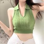 Halter-neck Crop Polo Knit Top