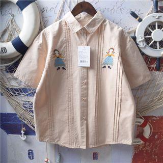Short-sleeve Embroidered Shirt Light Khaki - One Size