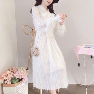 Set: Plain Slipdress + Bow Accent Fringed Trim Long-sleeve Midi Dress
