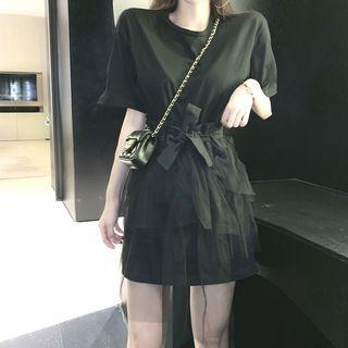 Plain Short-sleeve T-shirt Dress / Sheer A-line Skirt