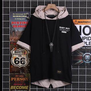Mock Two-piece Short-sleeve Lettering Hoodie