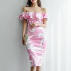 Printed Off-shoulder Ruffled Sheath Dress