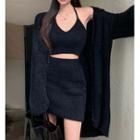 Knit Cropped Camisole Top / Mini Pencil Skirt / Cardigan / Set