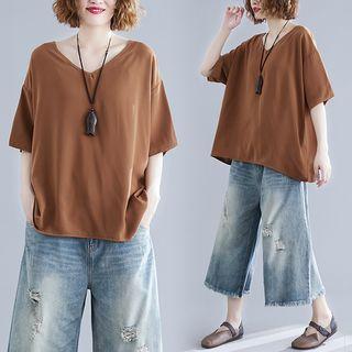 Plain Elbow-sleeve T-shirt As Shown In Figure - One Size