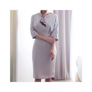 Round-neck Cuffed- Sleeve Sheath Dress