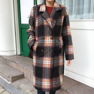 Double-breasted Plaid Coat Black - One Size