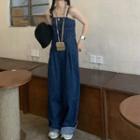 Strappy Wide-leg Denim Jumpsuit Dark Blue - One Size