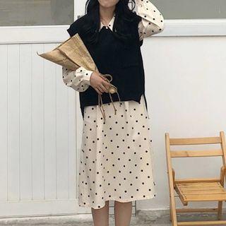 Dip Back Knit Vest / Long-sleeve Dotted A-line Dress