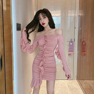 Long-sleeve Off-shoulder Ruffled Slim Fit Dress