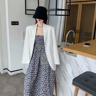 Set: Plain Blazer + Floral Print Spaghetti-strap Maxi A-line Dress