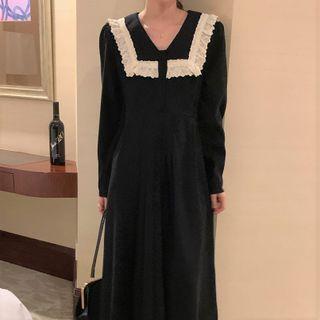 Long-sleeve Lace Trim Midi A-line Corduroy Dress