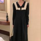 Long-sleeve Lace Trim Midi A-line Corduroy Dress