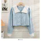 Puff-sleeve Colorblock Crop Shirt Blue - One Size