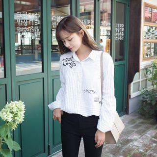 Floral Embroidered Long-sleeved Loose-fit Striped Blouse