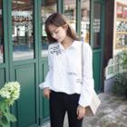 Floral Embroidered Long-sleeved Loose-fit Striped Blouse