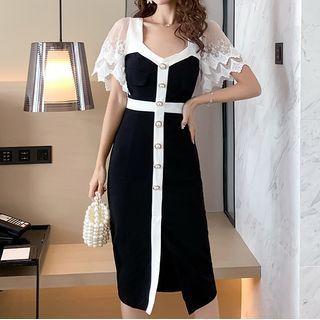 Two-tone Mesh Panel Short-sleeve Midi Sheath Dress