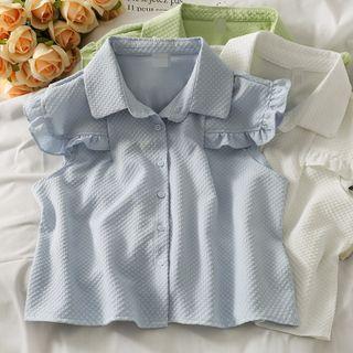 Embossed Ruffled-trim Cropped Sleeveless Shirt