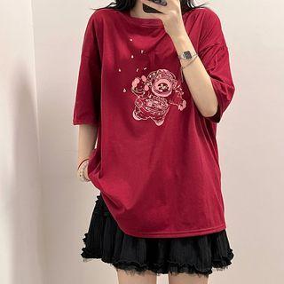 Short-sleeve Astronaut Print T-shirt Red - One Size