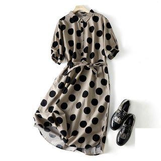 Short-sleeve Polka Dot Dress Khaki - One Size