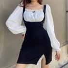 Balloon-sleeve Mock Two-piece Lace Trim Mini Sheath Dress